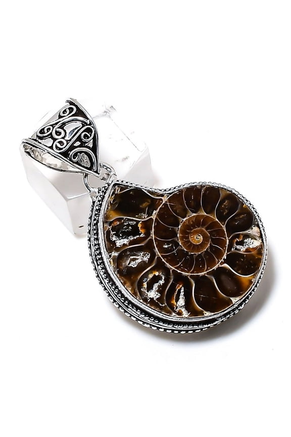 Natural Ammonite Fossil Gemstone Handmade 925 Sterling Silver Pendant 1.77"