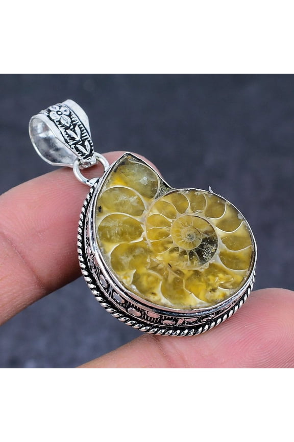 Natural Ammonite Fossil Gemstone Handmade 925 Sterling Silver Pendant 1.89"