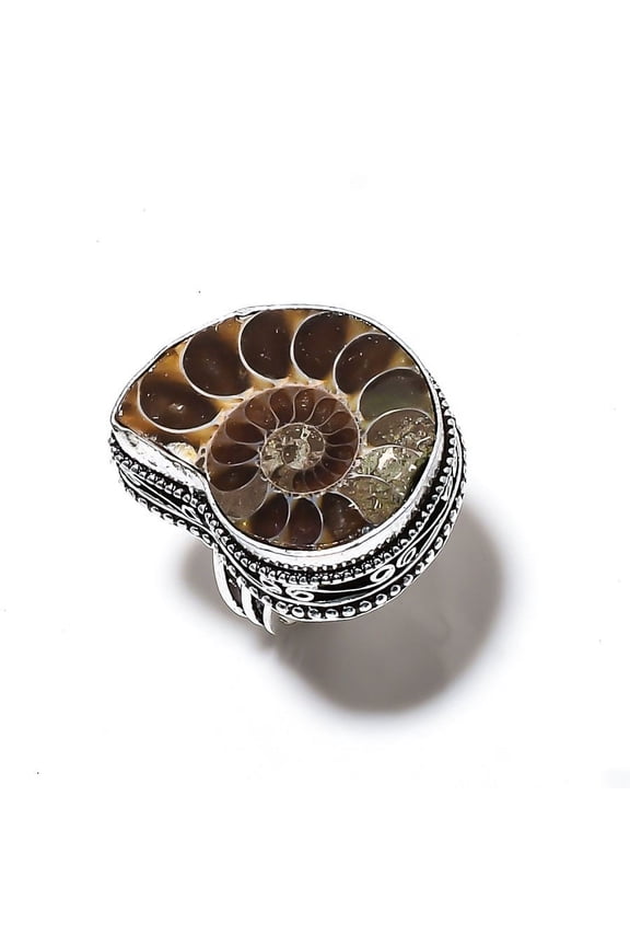 Natural Ammonite Fossil Gemstone Handmade 925 Sterling Silver Ring Size 7
