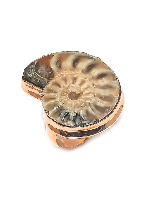 Natural Ammonite Fossil Gemstone Handmade Copper Jewelry Ring Size 9