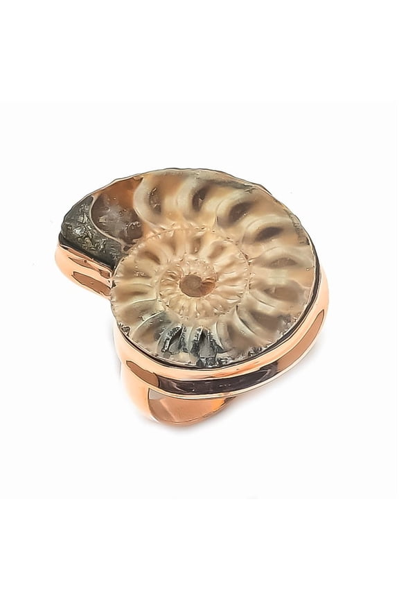 Natural Ammonite Fossil Gemstone Handmade Copper Jewelry Ring Size 9
