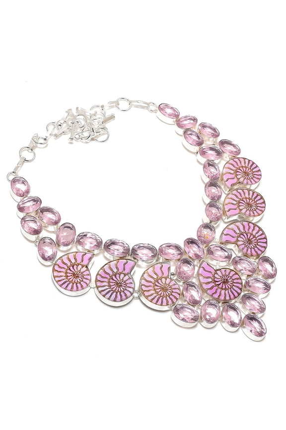 Natural Ammonite Fossil, Kunzite 925 Sterling Silver Jewelry Necklace 18"