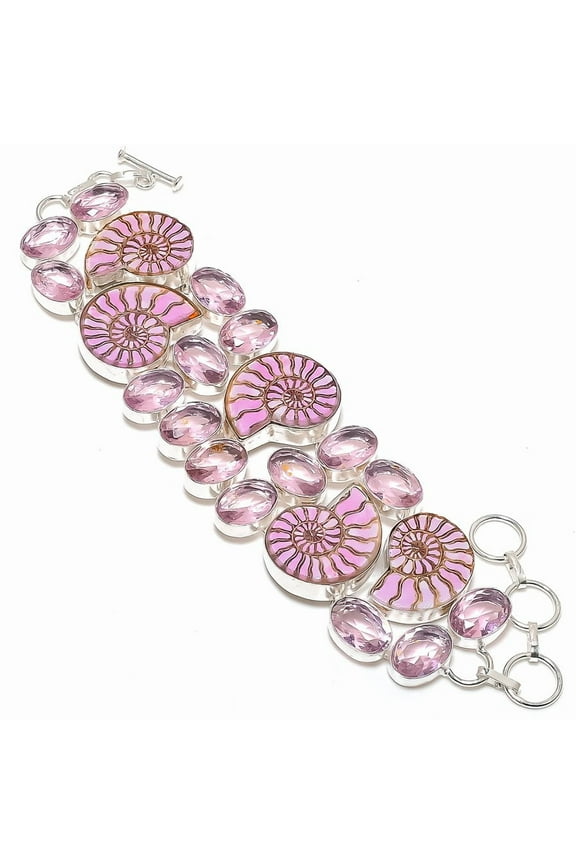 Natural Ammonite Fossil, Kunzite Gemstone 925 Sterling Silver Bracelet 7-8"