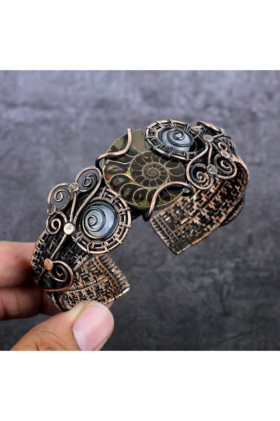 Natural Ammonite Fossil, Moonstone Copper Wire Wrap Cuff Bangle Adjustable