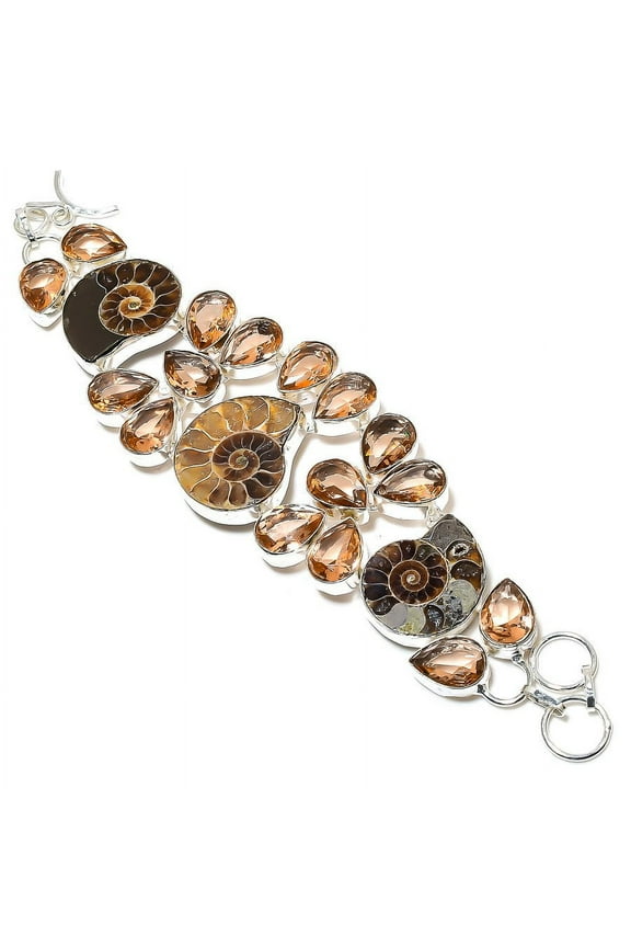 Natural Ammonite Fossil, Morganite Gemstone 925 Sterling Silver Bracelet 8"