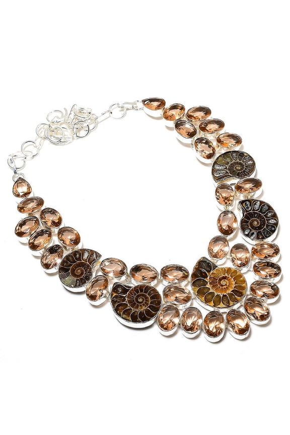 Natural Ammonite Fossil,Morganite Gemstone 925 Sterling Silver Necklace 18"