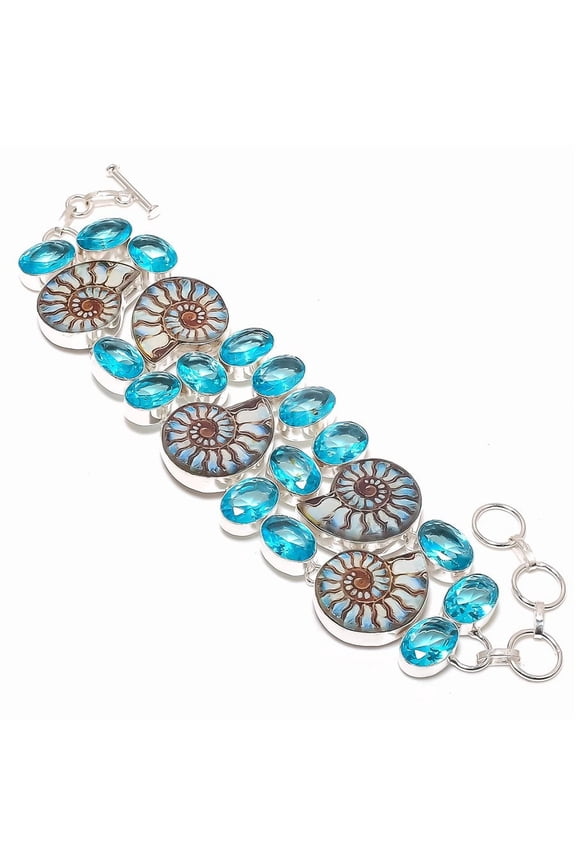 Natural Ammonite Fossil, Topaz Gemstone 925 Sterling Silver Bracelet 7-8"