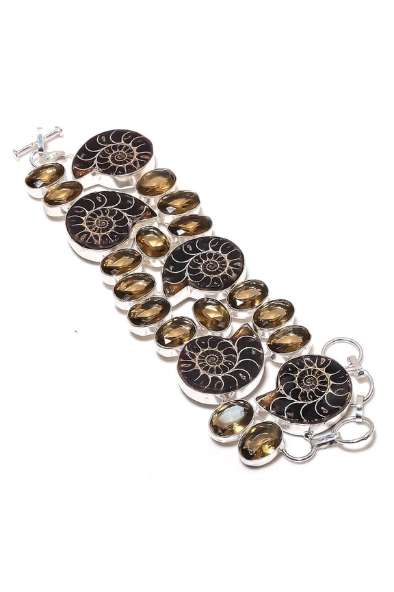 Natural Ammonite Fossil, Topaz Gemstone 925 Sterling Silver Bracelet 7-8"