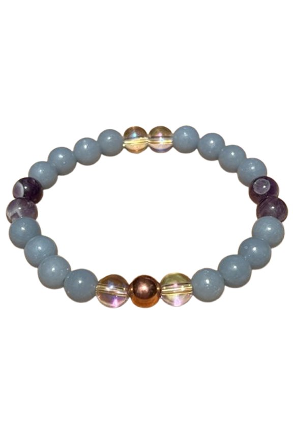 Natural Angelite & Chevron Amethyst 8mm Round Shape Smooth Cut Beads Stretchable Bracelet For Men & Women. Unisex Bracelet