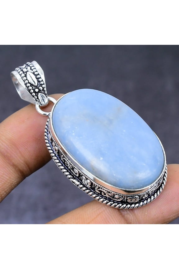 Natural Angelite Stone Gemstone 925 Steling Silver Jewelry Pendant 2.17"