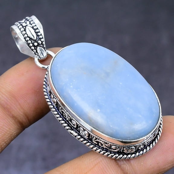 Natural Angelite Stone Gemstone 925 Steling Silver Jewelry Pendant 2.17"
