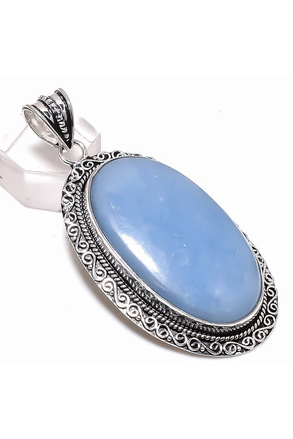 Natural Angelite Stone Gemstone 925 Sterling Silver Jewelry Pendant 2.80"