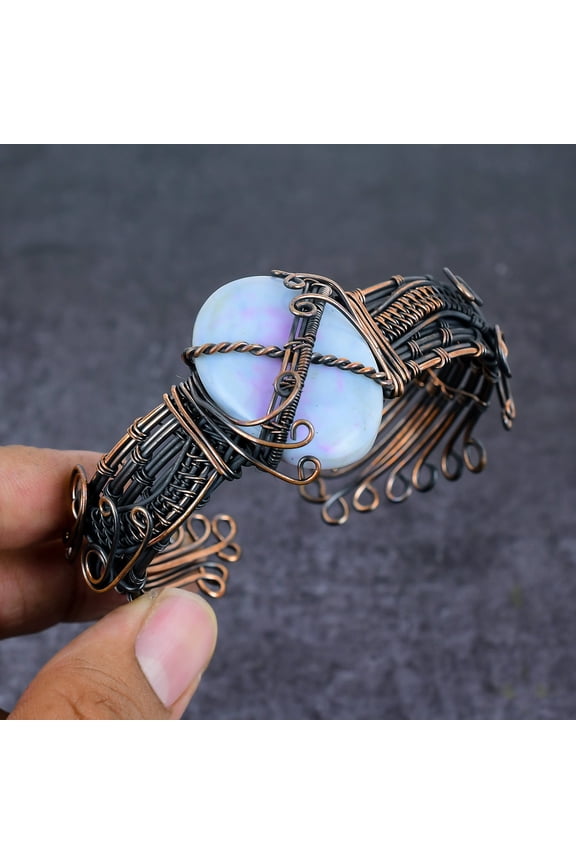 Natural Angelite Stone Gemstone Copper Wire Wrap Cuff Bangle Adjustable