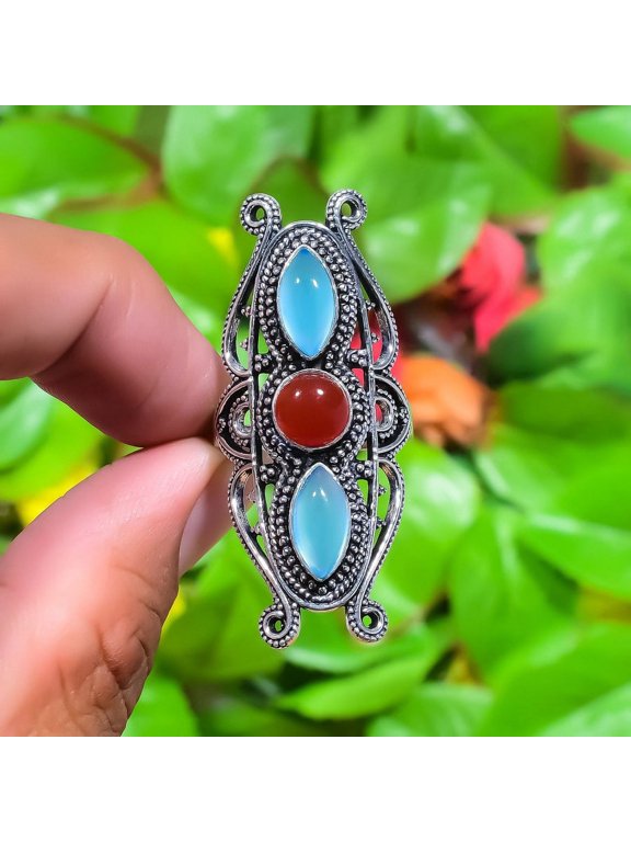 Natural Aqua Chalcedony, Carnelian Gemstone 925 Sterling Silver Ring S.8.5