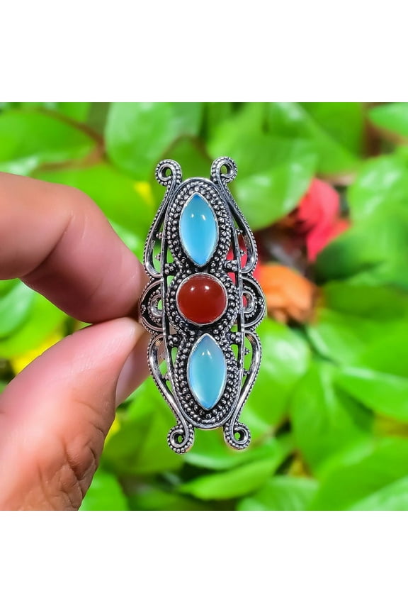 Natural Aqua Chalcedony, Carnelian Gemstone 925 Sterling Silver Ring Size 6