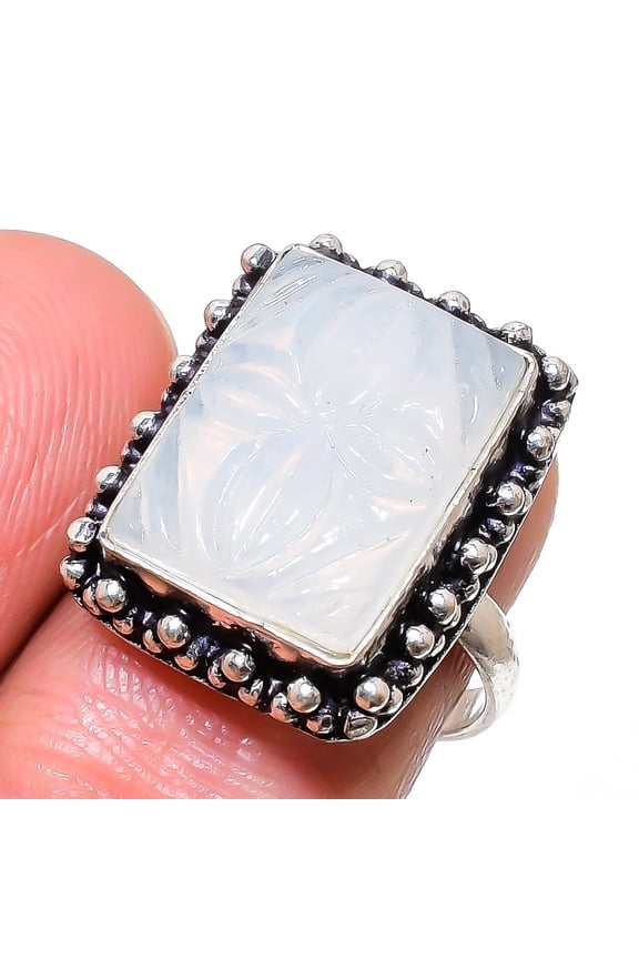 Natural Aqua Chalcedony Carving 925 Sterling Silver Jewelry Ring Size 7.5