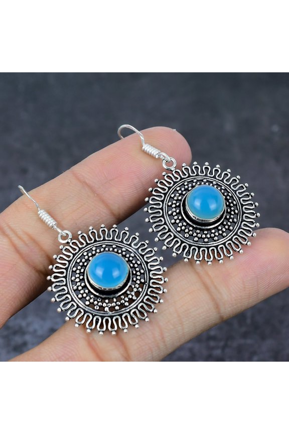 Natural Aqua Chalcedony Gemstone Handmade 925 Sterling Silver Earring 2"