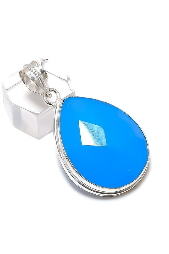 Natural Aqua Chalcedony Gemstone Handmade 925 Sterling Silver Pendant 1.85"