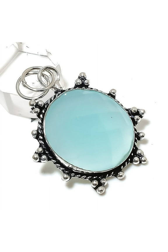 Natural Aqua Chalcedony Gemstone Handmade 925 Sterling Silver Pendant 2.05"