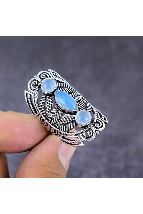 Natural Aqua Chalcedony Gemstone Handmade 925 Sterling Silver Ring Size 7.5
