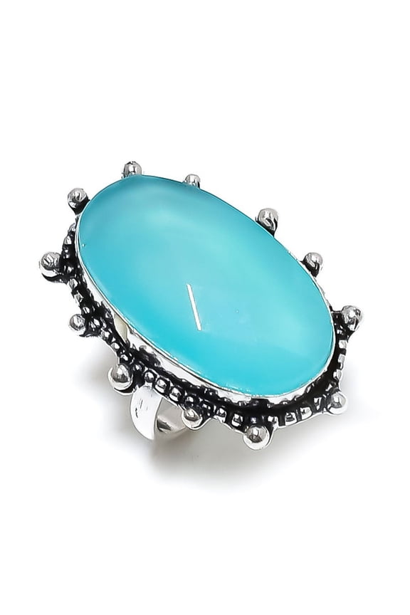 Natural Aqua Chalcedony Gemstone Handmade 925 Sterling Silver Ring Size 7.5