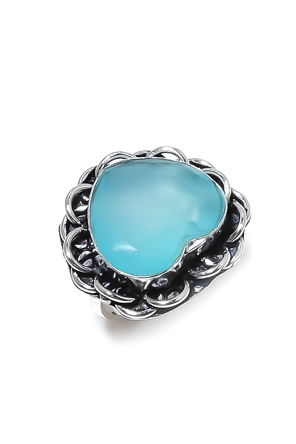 Natural Aqua Chalcedony Gemstone Handmade 925 Sterling Silver Ring Size 8