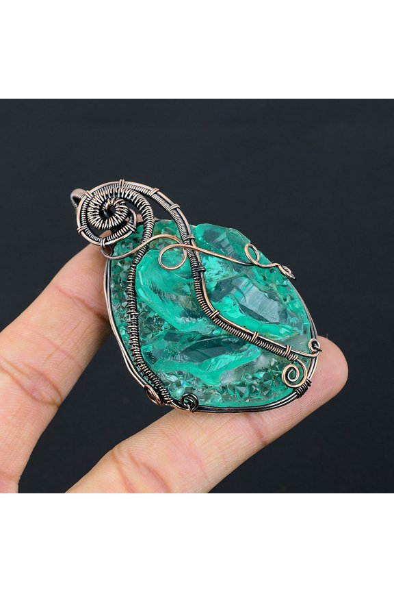 Natural Aqua Crystal Gemstone Handmade Copper Wire Wrap Pendant 2.95"