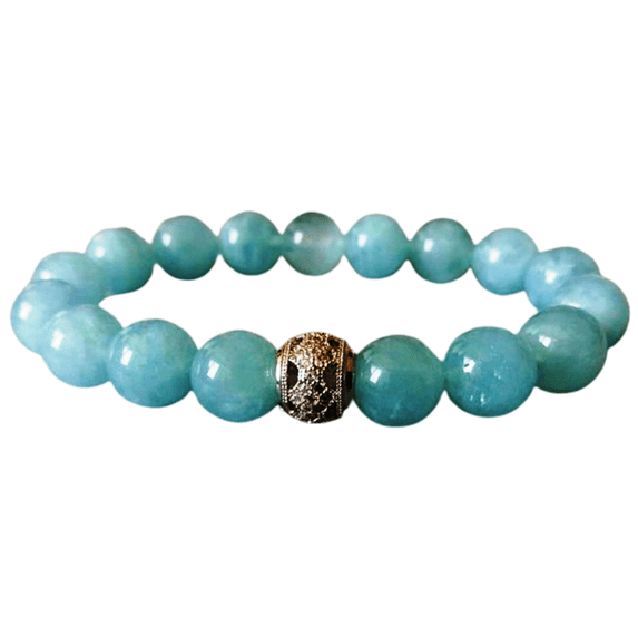 Natural Aquamarine 10mm Round Shape Smooth Cut Beads Stretchable Bracelet for Men & Women.