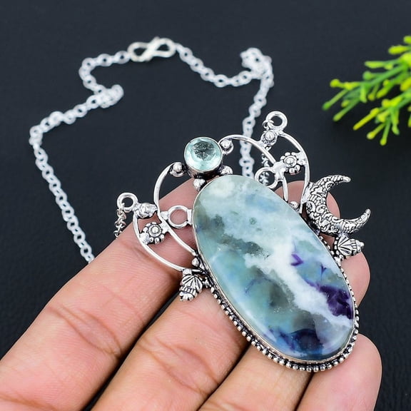 Natural Aquamarine, Apatite Gemstone 925 Sterling Silver Necklace 18"
