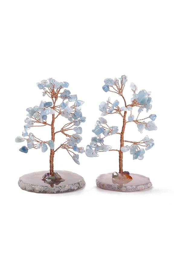 Natural Aquamarine Chips Agate Pedestal Display Decorations Tree of Life Healing Stone Tree for Reiki Healing Crystals Balancing Cadmium Free Lead Free 59~70x47~65x100~114mm