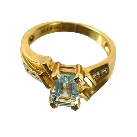 Natural Aquamarine & Diamond Solid 10K Yellow Gold Art Deco Ring | Size 6 |