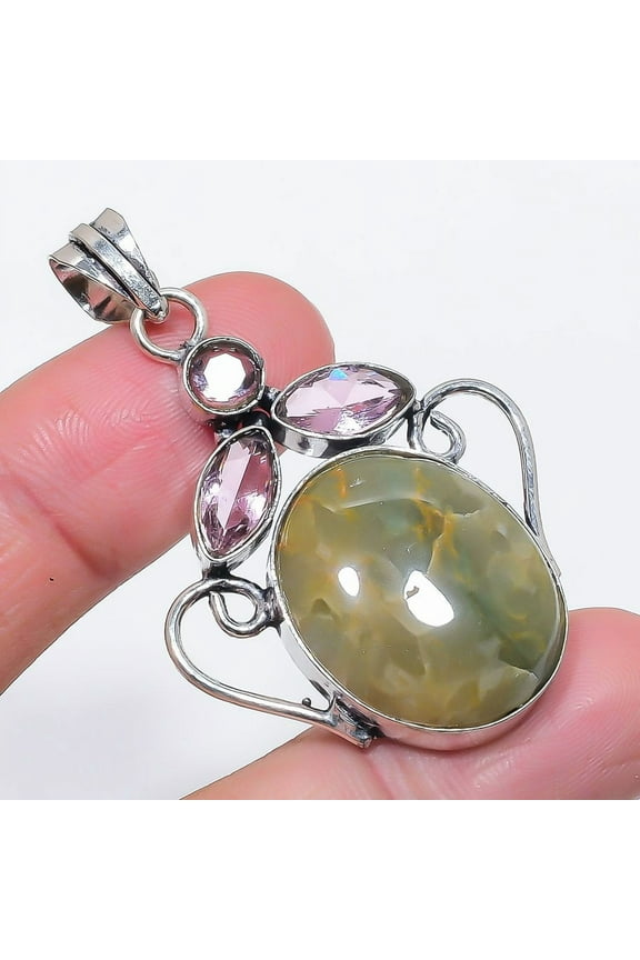 Natural Aquamarine, Kunzite 925 Sterling Silver Jewelry Pendant 2.17"
