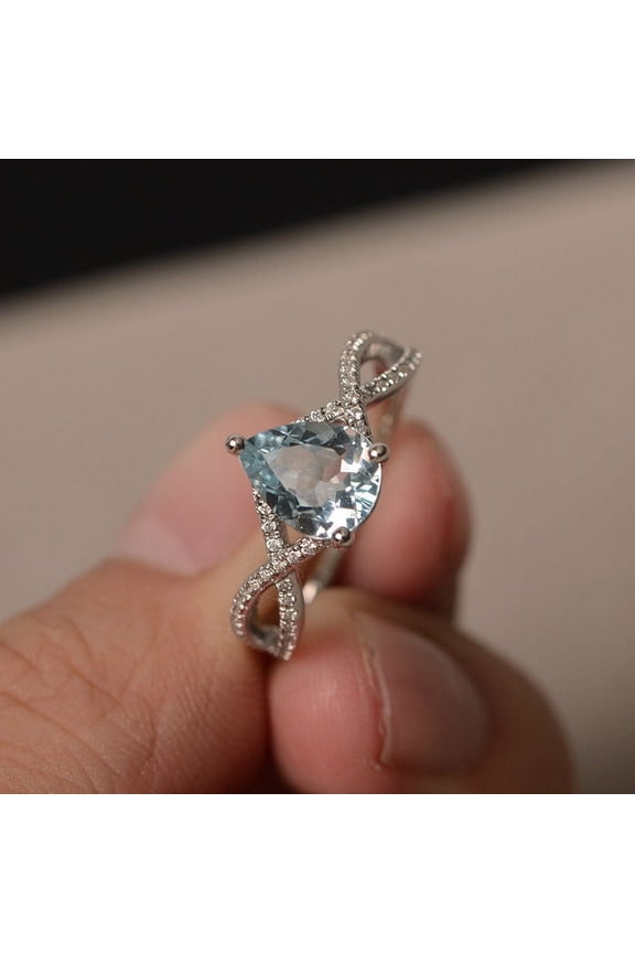 Natural Aquamarine Ring Pear Cut Gemstone Promise Ring March Birthstone Ring Blue Gems Sterling Silver Ring