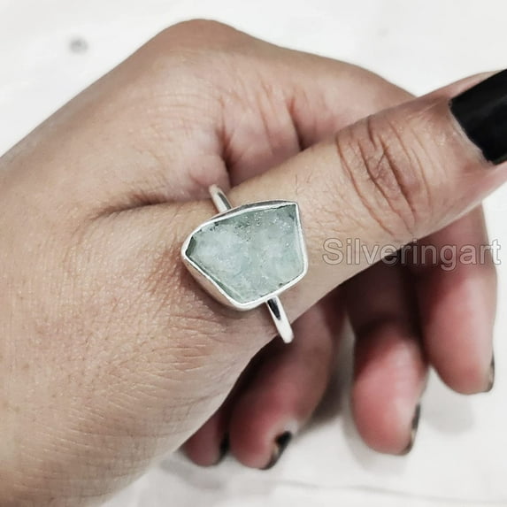 Natural Aquamarine Ring, Rough Aquamarine Gemstone Ring, March Birthstone, Plain Band, 925 Sterling Silver, Womens Ring, Christmas, Thanksgiving, Handmade, Statement Jewelry, Raw Gemstone Jewelry