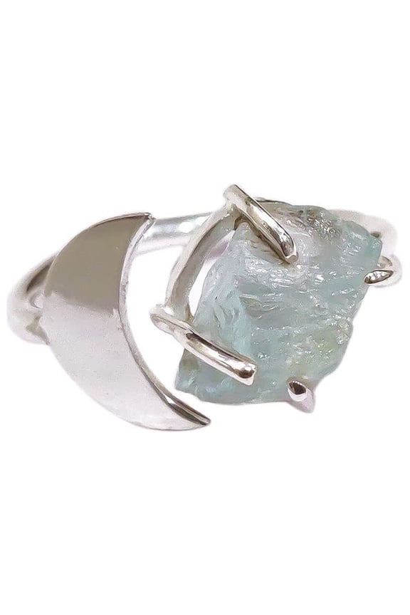 Natural Aquamarine Ring, Rough Aquamarine Gemstone Ring, March Birthstone, Crescent Moon, 925 Sterling Silver, Womens Ring, Christmas, Thanksgiving, Handmade, Statement Jewelry, Raw Gemstone Jewelry