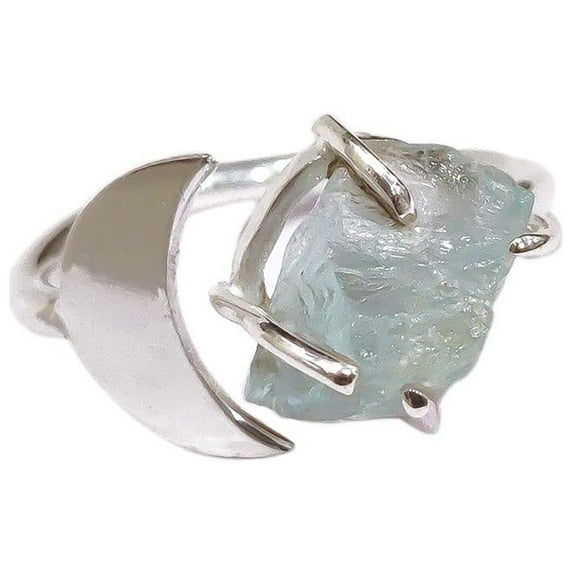 Natural Aquamarine Ring, Rough Aquamarine Gemstone Ring, March Birthstone, Crescent Moon, 925 Sterling Silver, Womens Ring, Christmas, Thanksgiving, Handmade, Statement Jewelry, Raw Gemstone Jewelry