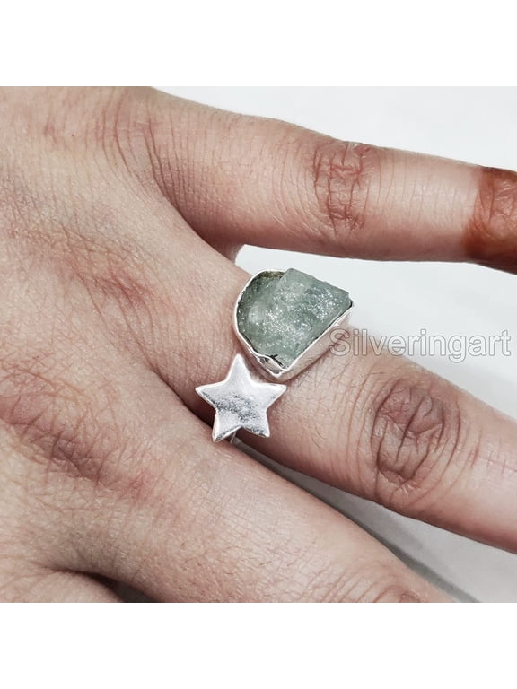 Natural Aquamarine Ring, Rough Aquamarine Gemstone Ring, March Birthstone, Star Stone, 925 Sterling Silver, Womens Ring, Christmas, Adjustable Ring, Handmade, Statement Jewelry, Raw Gemstone Jewelry