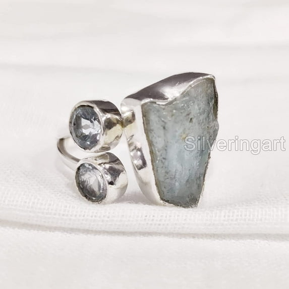 Natural Aquamarine Ring, Rough Aquamarine Gemstone Ring, March Birthstone, Triple Stone, 925 Sterling Silver, Womens Ring, Christmas, Adjustable Ring, Handmade, Statement Jewelry, Raw Gemstone Jewelry