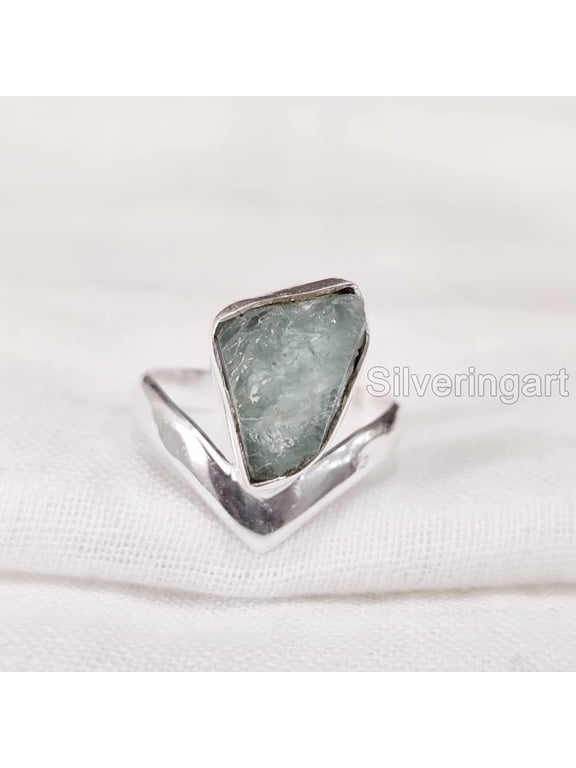 Natural Aquamarine Ring, Rough Aquamarine Gemstone Ring, March Birthstone, V Crown Band, 925 Sterling Silver, Womens Ring, Christmas, Thanksgiving, Handmade, Statement Jewelry, Raw Gemstone Jewelry