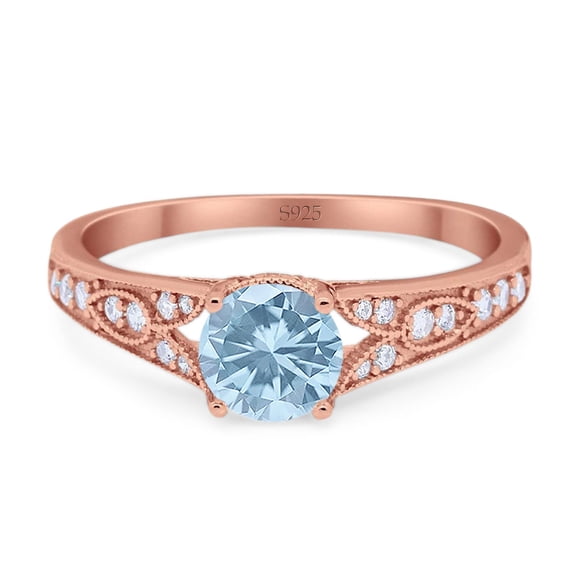 Natural Aquamarine Rose Tone Silver Size-5 Art Deco Round Cathedral Ring Vintage Style Leaf Design Cluster CZ Wedding Engagement Ring 925 Sterling Silver