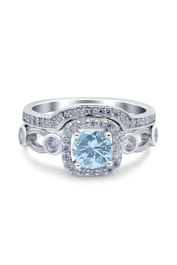 Natural Aquamarine Size-10 Two Piece Round Vintage Style Filigree Curved Band Cushion Halo CZ Wedding Set Engagement Ring 925 Sterling Silver