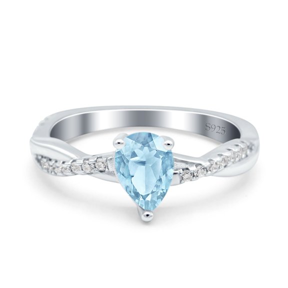Natural Aquamarine Size-5 Art Deco Pear Teardrop Infinity Shank Twisted Ring CZ Wedding Engagement Rings For Women 925 Sterling Silver Gifts For Her