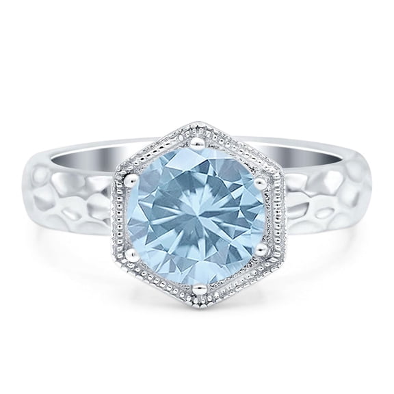 Natural Aquamarine Size-7 Round Solitaire Vintage Rings Hexagonal Shape Hammered Beaded Wedding Engagement Ring 925 Sterling Silver Gifts For Her