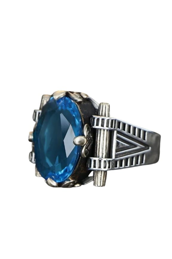 Natural Aquamarine Stone Silver Ring-Handmade Ring-Jewelry Gift For Him and Her-Mid Century Modern Rings