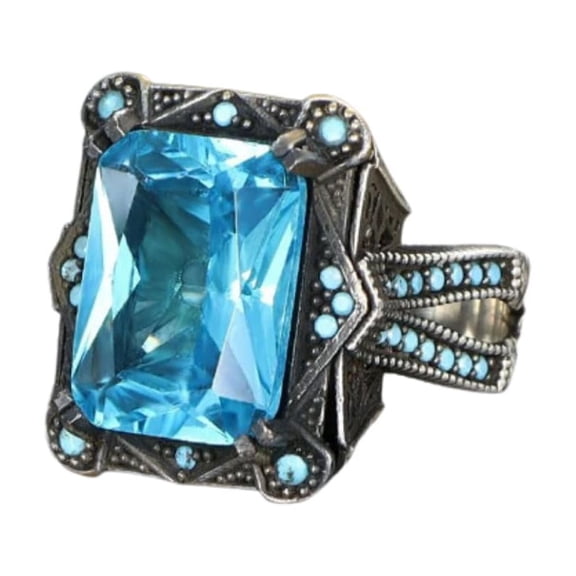 Natural Aquamarine Stone Silver Ring-Handmade Ring-Jewelry Gift For Him and Her-Mid Century Modern Rings