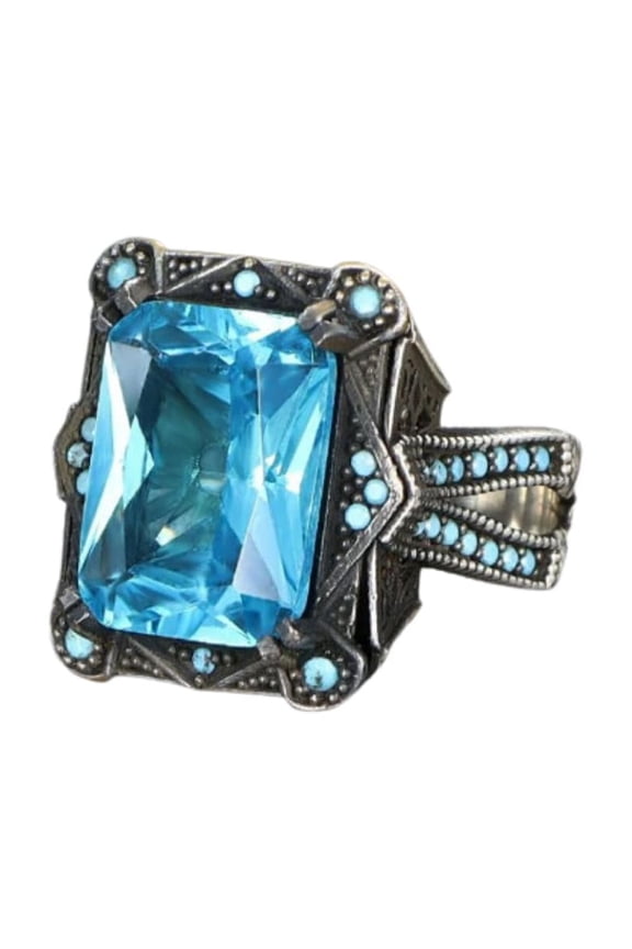 Natural Aquamarine Stone Silver Ring-Handmade Ring-Jewelry Gift For Him and Her-Mid Century Modern Rings