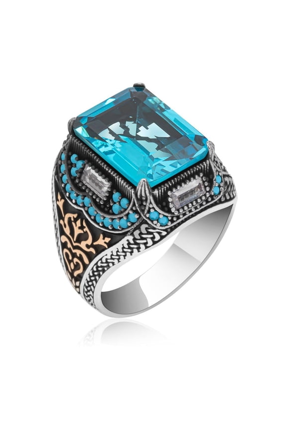 Natural Aquamarine Stone Silver Ring-Handmade Ring-Jewelry Gift For Him and Her-Mid Century Modern Rings