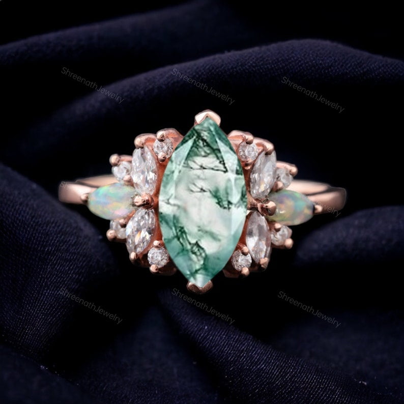 Natural Aquatic Agate Bridal Ring Women Wedding Stacking Ring Marquise