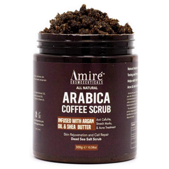 All Natural Arabica Coffee Body Scrub, Infused with Argan Oil and Shea Butter, Great for Acne, Anti Cellulite and Stretch Mark Treatment, Helps with Eczema and Age Spots