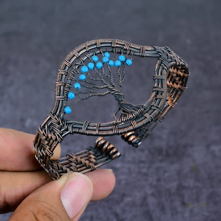 Natural Arizona Turquoise Gemstone Copper Wire Wrap Cuff Bangle Adjustable